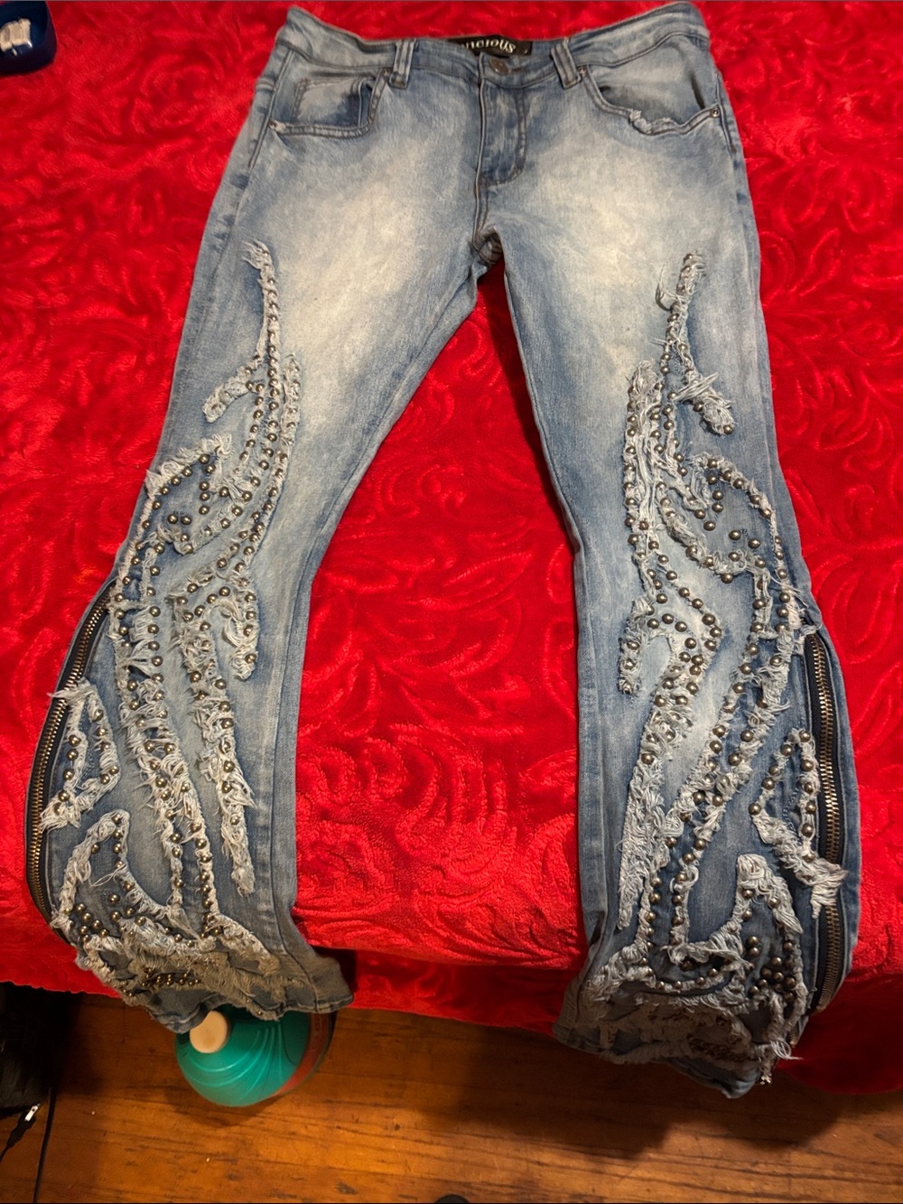 Studded Light Blue Boot-Cut Jeans with Distressed Appliqué